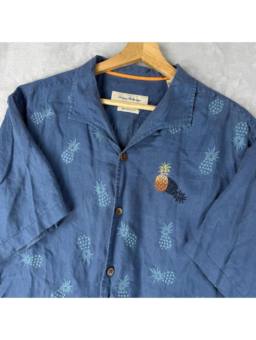 Tommy Bahama Linen Shirt Pineapple Print Blue Original Fit Men Size Large Beach